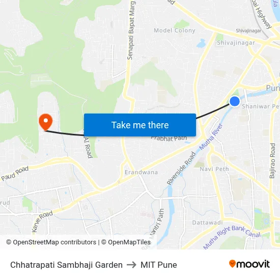 Chhatrapati Sambhaji Garden to MIT Pune map