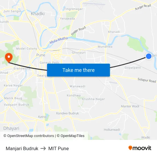 Manjari Budruk to MIT Pune map