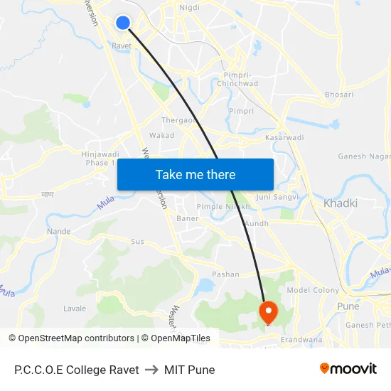 P.C.C.O.E College Ravet to MIT Pune map