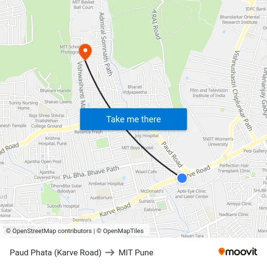 Paud Phata (Karve Road) to MIT Pune map