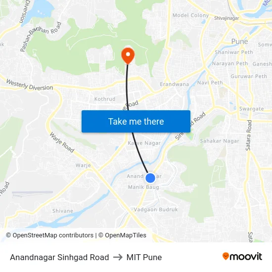 Anandnagar Sinhgad Road to MIT Pune map