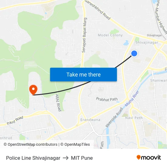 Police Line Shivajinagar to MIT Pune map