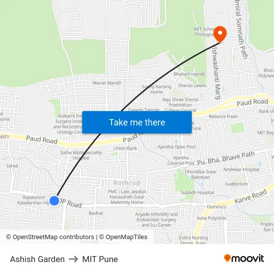 Ashish Garden to MIT Pune map