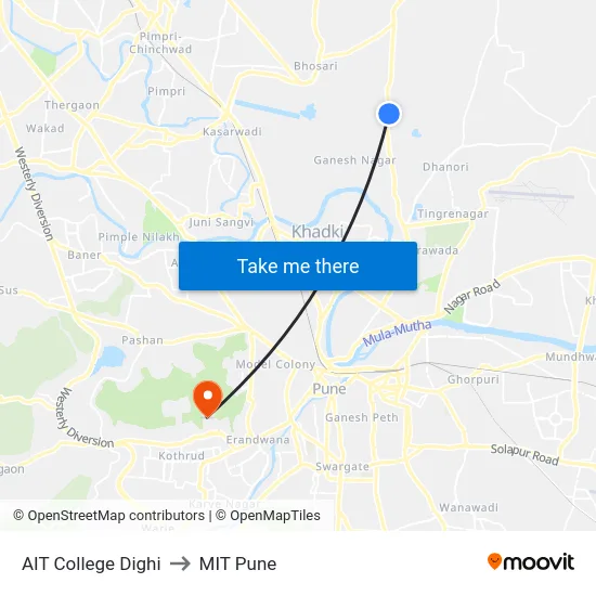 AIT College Dighi to MIT Pune map