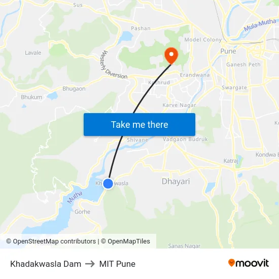 Khadakwasla Dam to MIT Pune map