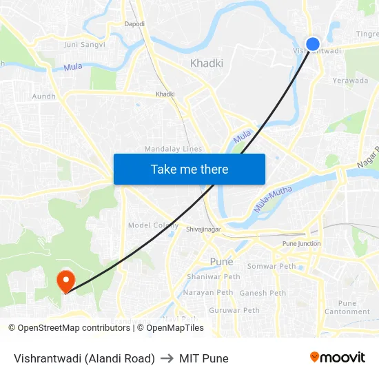 Vishrantwadi (Alandi Road) to MIT Pune map