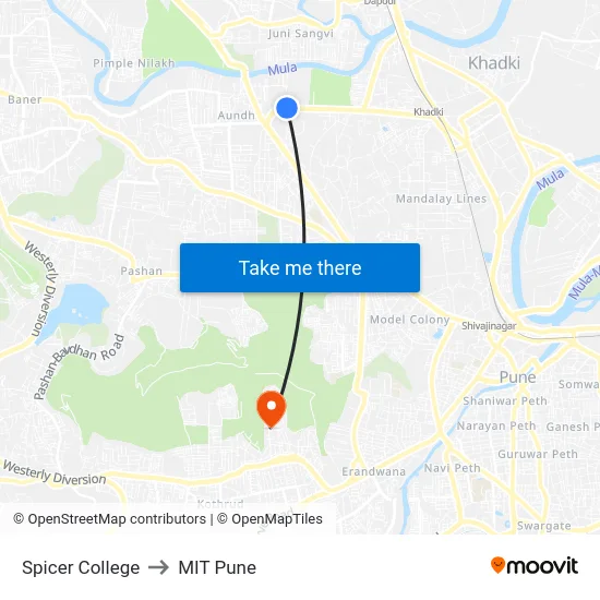 Spicer College to MIT Pune map