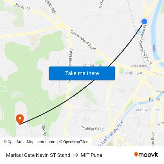 Mariaai Gate Navin ST Stand to MIT Pune map