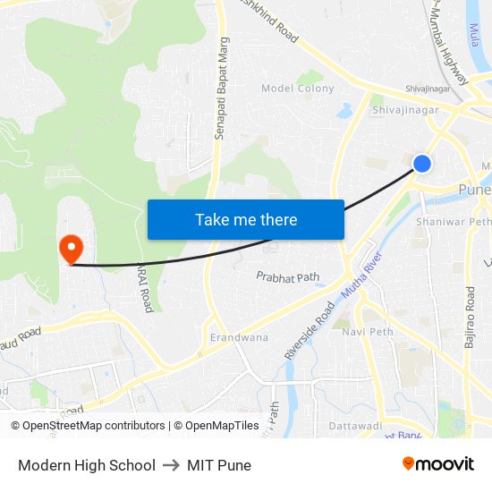 Modern High School to MIT Pune map