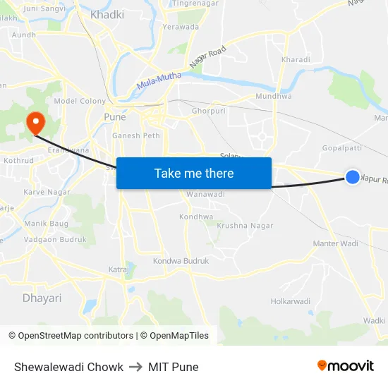 Shewalewadi Chowk to MIT Pune map