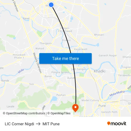 LIC Corner Nigdi to MIT Pune map