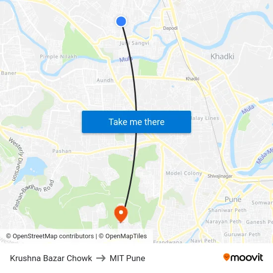 Krushna Bazar Chowk to MIT Pune map