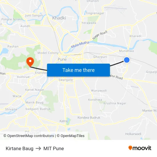 Kirtane Baug to MIT Pune map