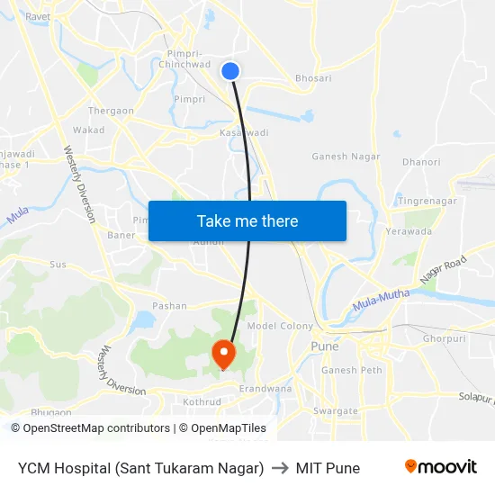 YCM Hospital (Sant Tukaram Nagar) to MIT Pune map