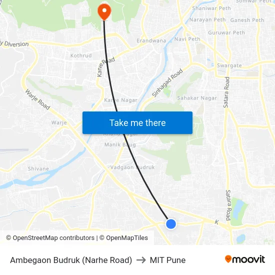 Ambegaon Budruk (Narhe Road) to MIT Pune map