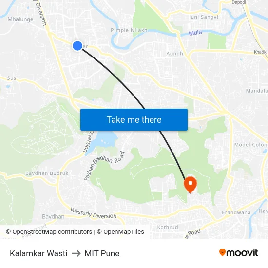 Kalamkar Wasti to MIT Pune map