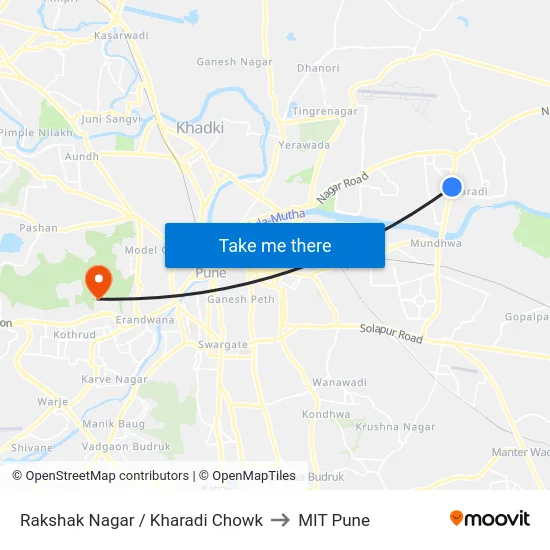 Kharadi Chowk (Rakshaknagar) to MIT Pune map