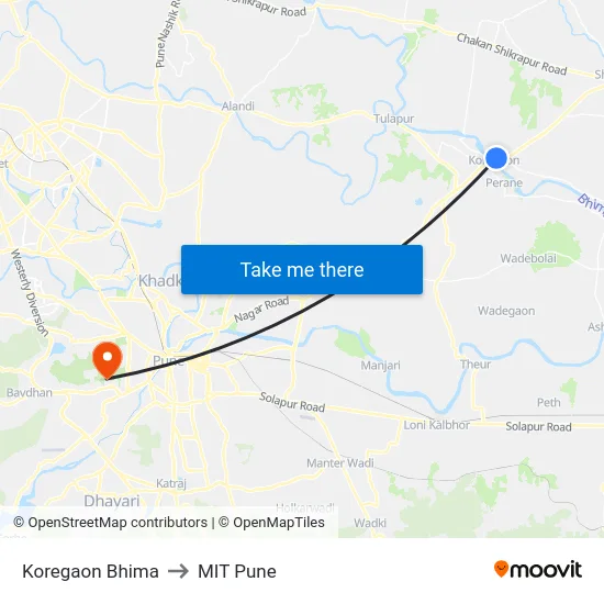 Koregaon Bhima to MIT Pune map