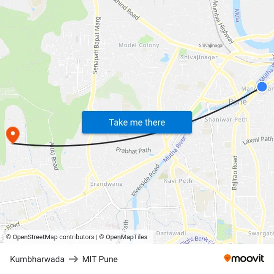 Kumbharwada to MIT Pune map
