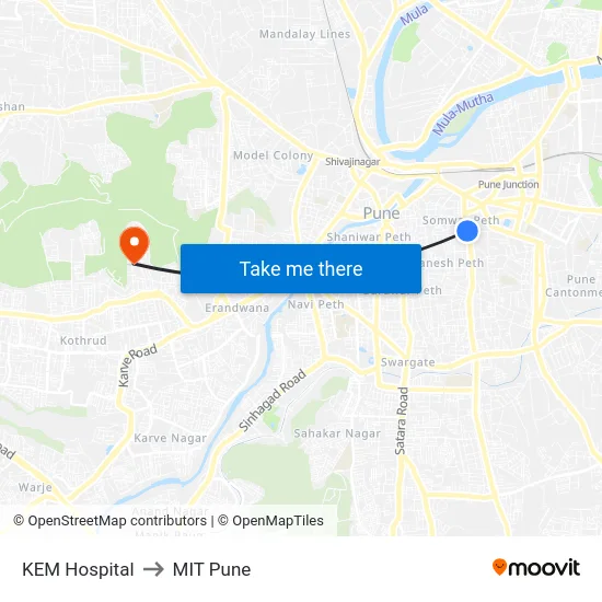 KEM Hospital to MIT Pune map