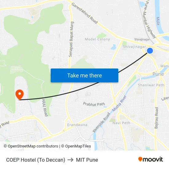 COEP Hostel (To Deccan) to MIT Pune map
