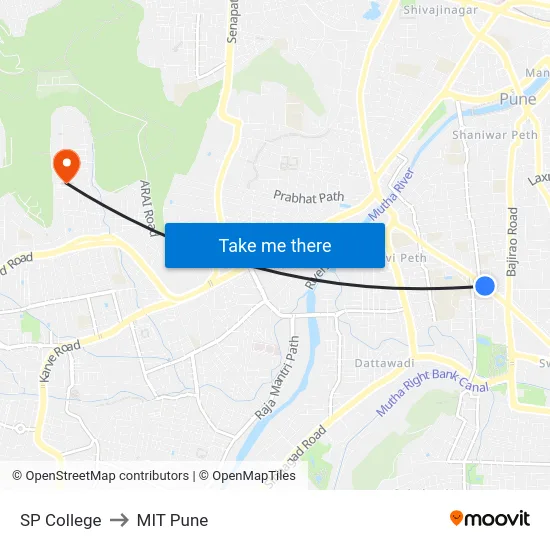 SP College to MIT Pune map