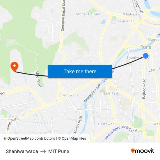Shaniwarwada to MIT Pune map