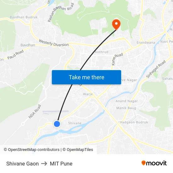 Shivane Gaon to MIT Pune map