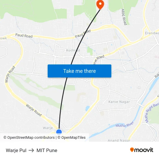 Warje Pul to MIT Pune map
