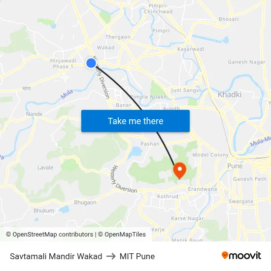 Savtamali Mandir Wakad to MIT Pune map
