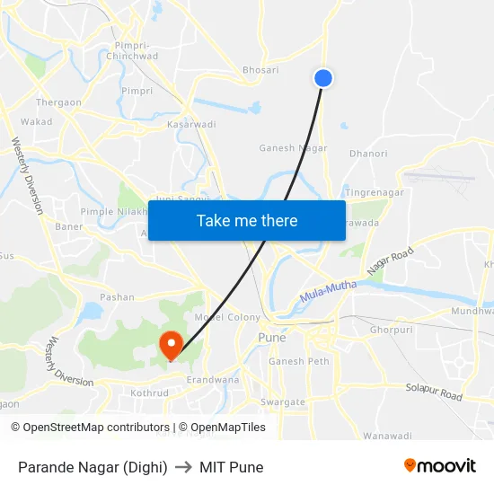 Parande Nagar (Dighi) to MIT Pune map