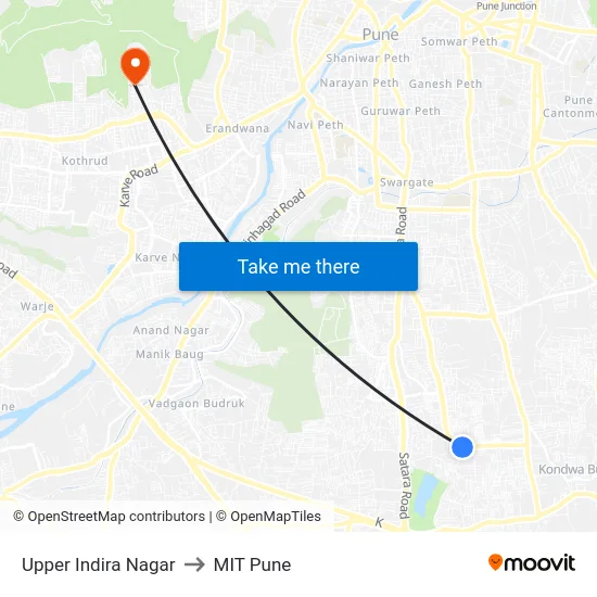 Upper Indira Nagar to MIT Pune map