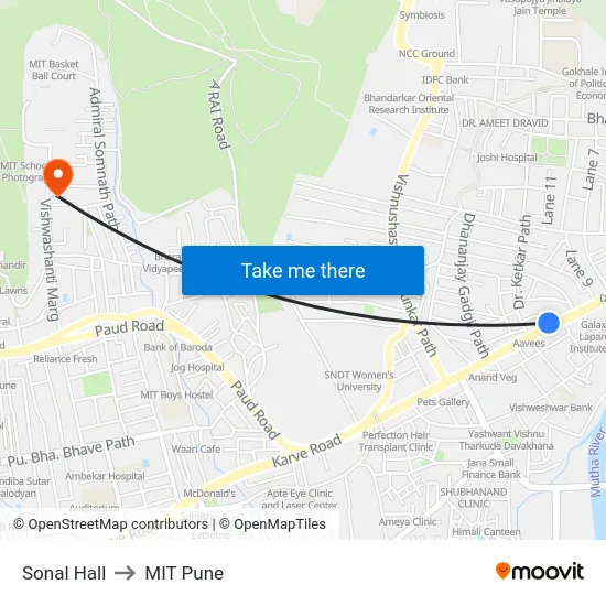 Sonal Hall to MIT Pune map