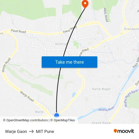 Warje Gaon to MIT Pune map
