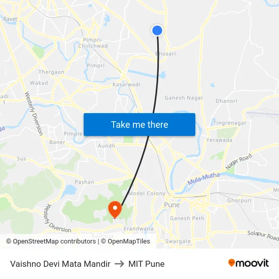 Vaishno Devi Mata Mandir to MIT Pune map