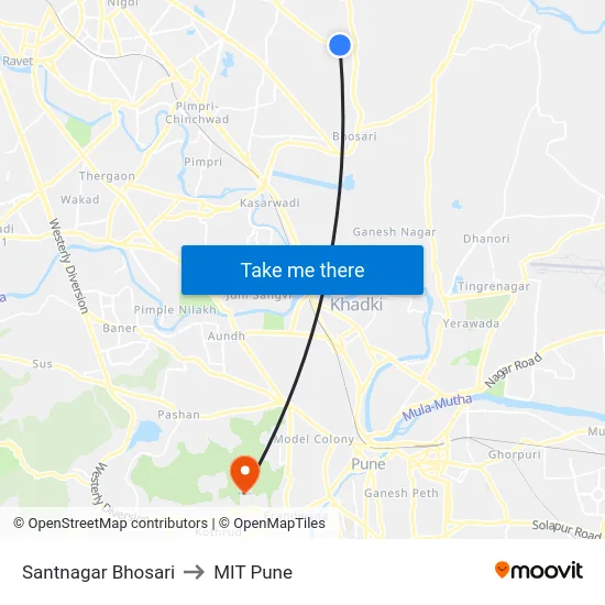 Santnagar Bhosari to MIT Pune map
