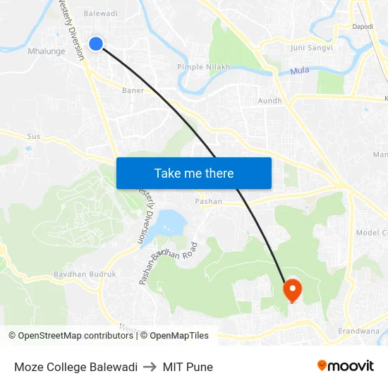 Moze College Balewadi to MIT Pune map