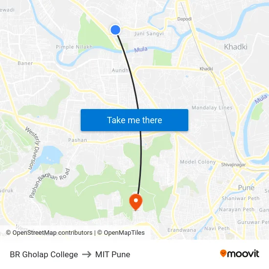 BR Gholap College to MIT Pune map