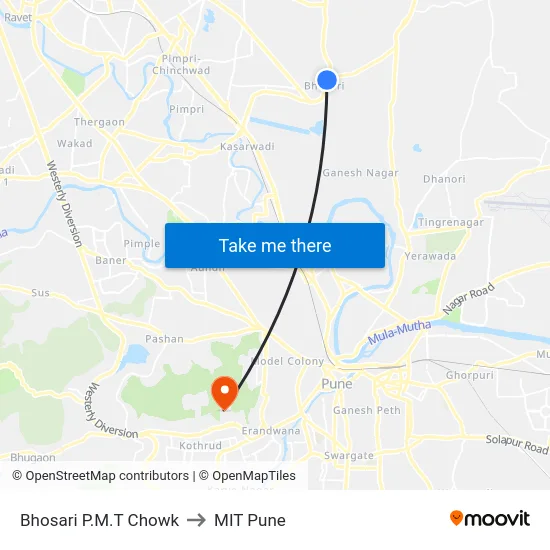 Bhosari P.M.T Chowk to MIT Pune map