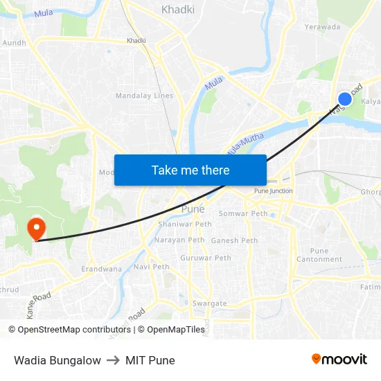 Wadia Bungalow to MIT Pune map