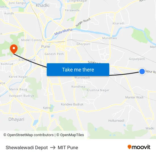 Shewalewadi Depot to MIT Pune map