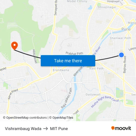 Vishrambaug Wada to MIT Pune map