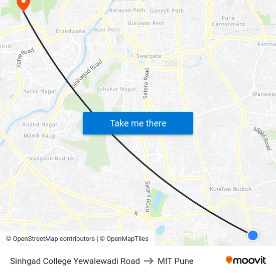 Sinhgad College Yewalewadi Road to MIT Pune map