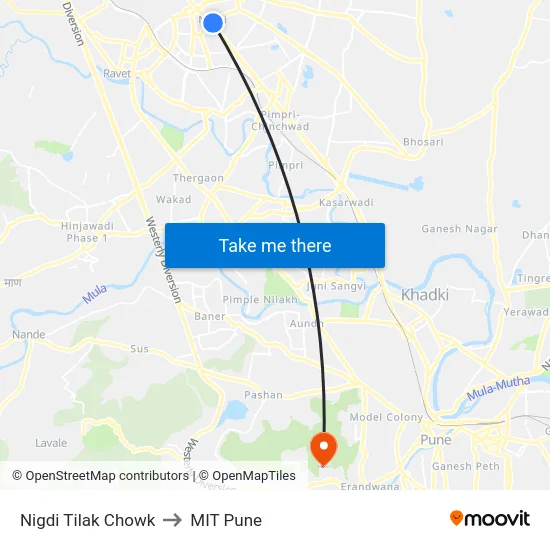 Nigdi Tilak Chowk to MIT Pune map