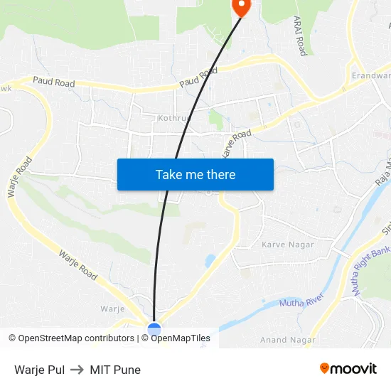 Warje Pul to MIT Pune map