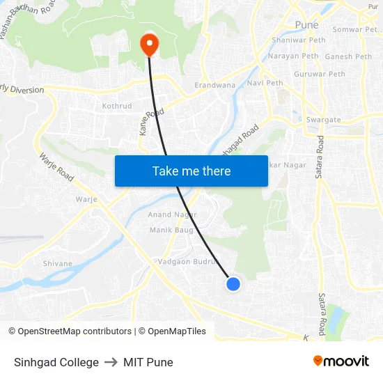 Sinhgad College to MIT Pune map