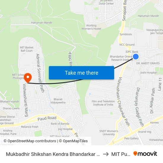 Mukbadhir Shikshan Kendra Bhandarkar Road to MIT Pune map