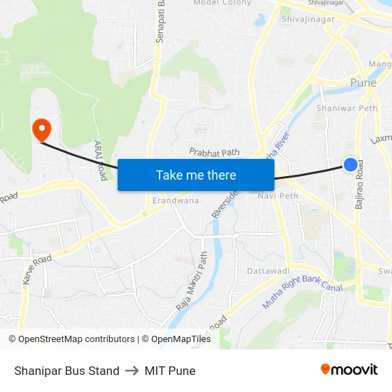 Shanipar Bus Stand to MIT Pune map