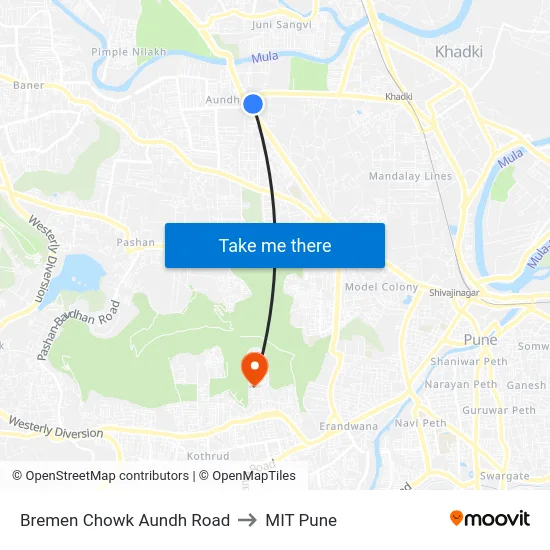 Bremen Chowk Aundh Road to MIT Pune map