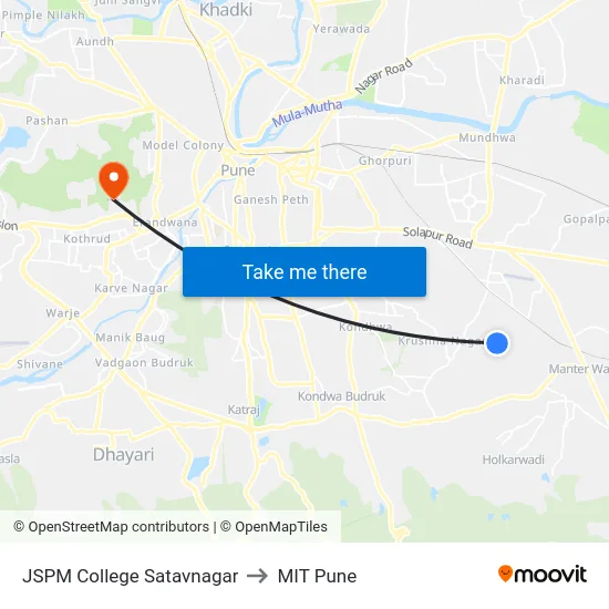 JSPM College Satavnagar to MIT Pune map